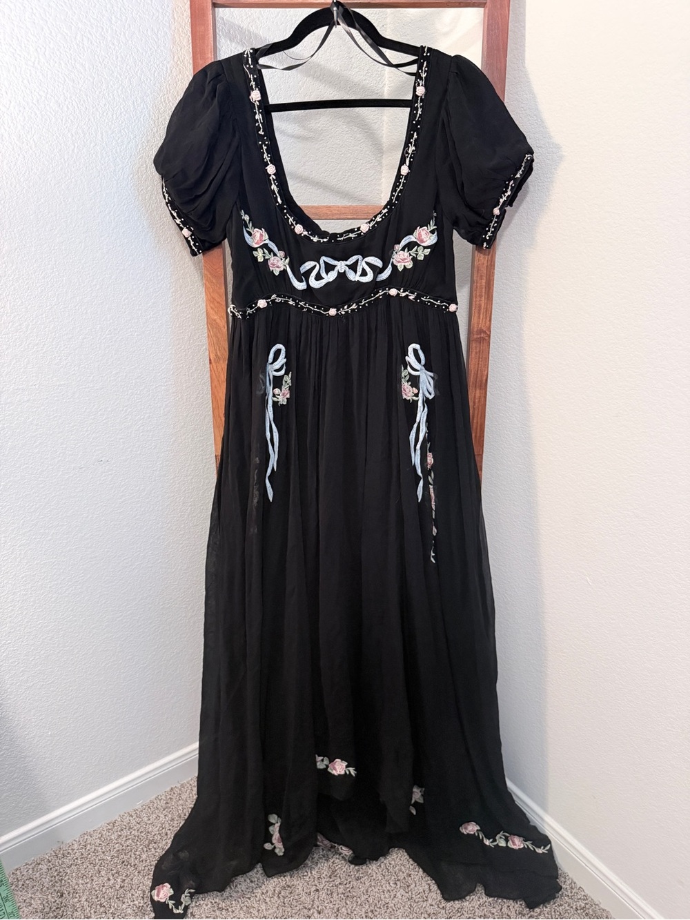 For Love & Lemons Rosemarie Black Maxi Dress with Pink Floral & Bows Embroidery - Picture 2 of 11